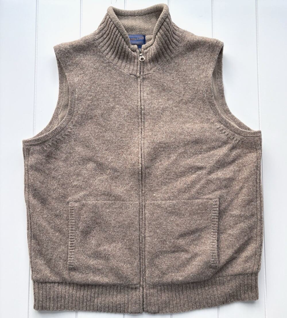 Pendleton Shetland Wool Zip‎ Front Sweater Vest Fleece Lined Beige Tan Medium